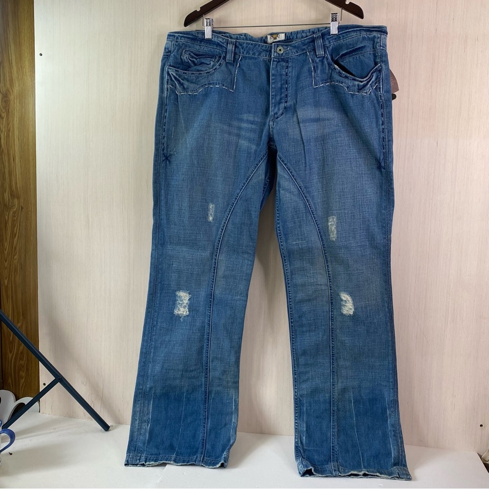 NWT Antik Denim Men’s Button Fly Boot Cut Embroidered Distressed Jeans 42x33